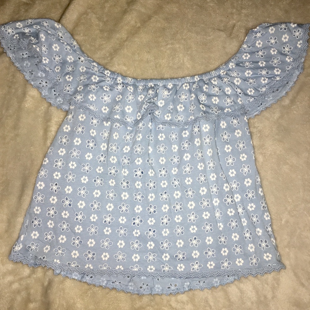 Off the shoulder light blue top